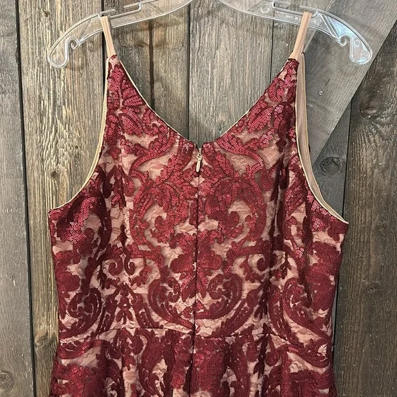 Dress the Population Blair Embellished Fit & Flare Cocktail Dress in Berry/Nude - Picture 13 of 14